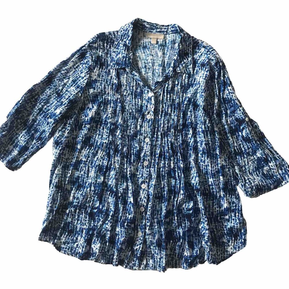 Woman Within Button Up Roll Tab Tunic Top Blouse 2XL 26/28 Plus Blue White NWOT